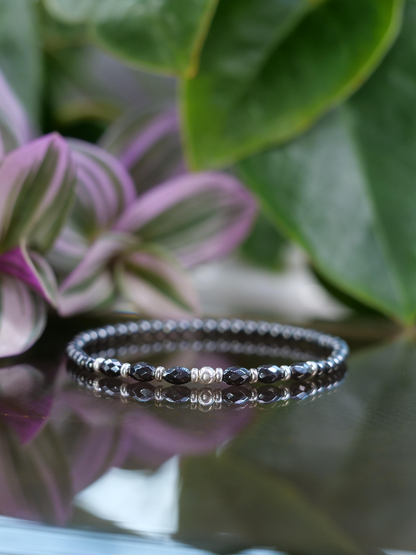 Hematite 3mm Beaded Natural Gemstone Sterling Silver/14ct Gold Filled Elastic Bracelet, Genuine Top Grade Gift Jewelry, Women Jewellery