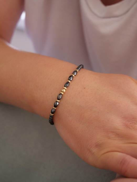 Hematite 3mm Beaded Natural Gemstone Sterling Silver/14ct Gold Filled Elastic Bracelet, Genuine Top Grade Gift Jewelry, Women Jewellery