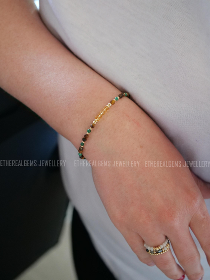 3-4mm Tiger's Eye Malachite Citrine  Beaded Natural Mix Gemstone Sterling Silver / 14ct Gold Filled Elastic Bracelet, Multicolour bracelet