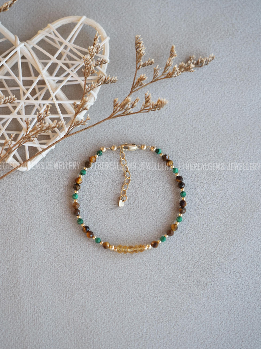 3-4mm Tiger's Eye Malachite Citrine  Beaded Natural Mix Gemstone Sterling Silver / 14ct Gold Filled Elastic Bracelet, Multicolour bracelet