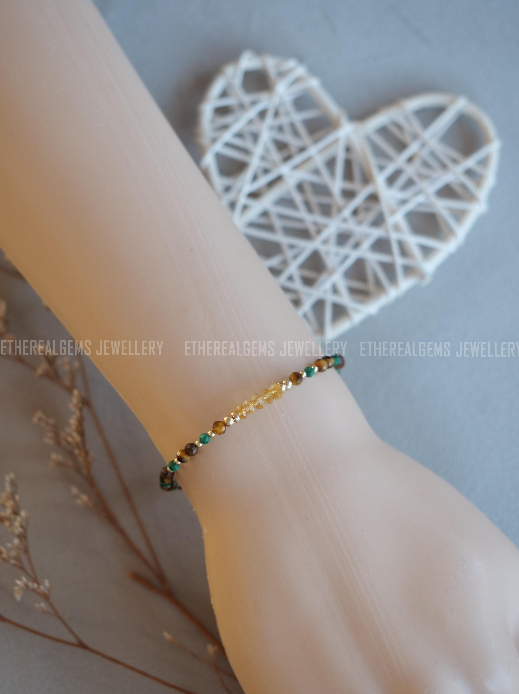 3-4mm Tiger's Eye Malachite Citrine  Beaded Natural Mix Gemstone Sterling Silver / 14ct Gold Filled Elastic Bracelet, Multicolour bracelet