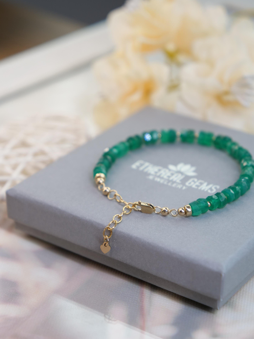 Green Onyx 5 mm Beaded Natural Gemstone Sterling Silver / 14ct Gold Filled Elastic Bracelet, Genuine Top Grade Gift Jewellery, Women Jewelry