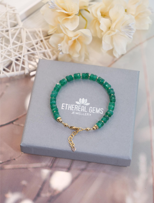 Green Onyx 5 mm Beaded Natural Gemstone Sterling Silver / 14ct Gold Filled Elastic Bracelet, Genuine Top Grade Gift Jewellery, Women Jewelry