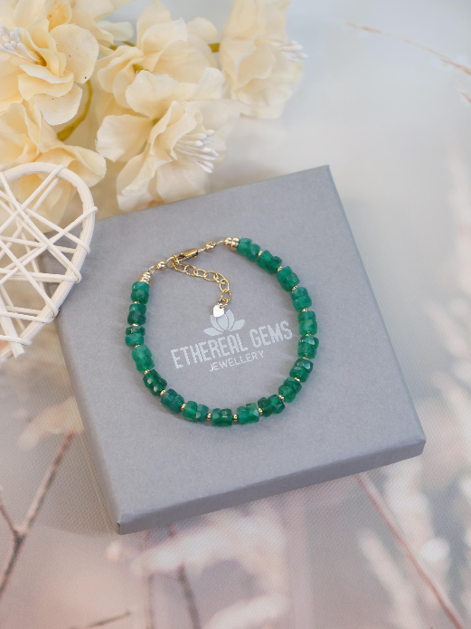 Green Onyx 5 mm Beaded Natural Gemstone Sterling Silver / 14ct Gold Filled Elastic Bracelet, Genuine Top Grade Gift Jewellery, Women Jewelry