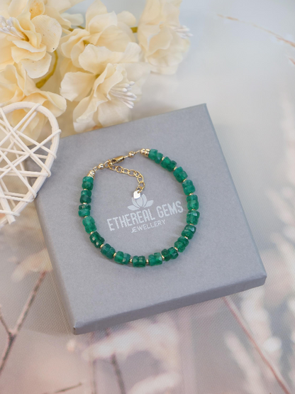 Green Onyx 5 mm Beaded Natural Gemstone Sterling Silver / 14ct Gold Filled Elastic Bracelet, Genuine Top Grade Gift Jewellery, Women Jewelry