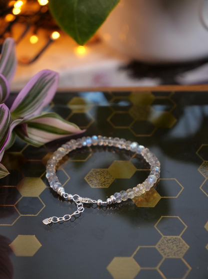 Labradorite 5mm Beaded Natural Gemstone Sterling Silver / 14ct Gold Filled Elastic Bracelet, Genuine Top Grade Gift Jewellery, Women Jewelry