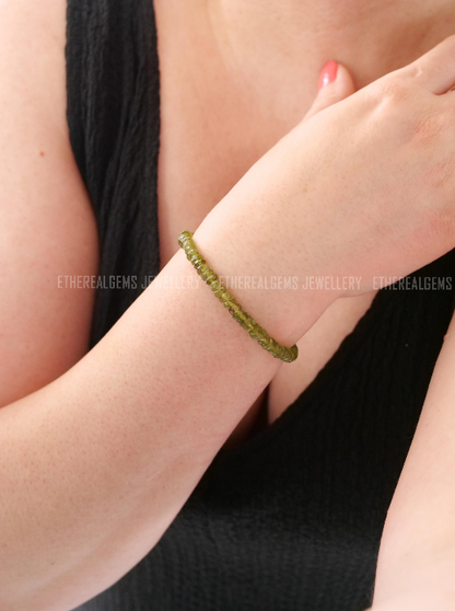 Vesuvianite 5mm Beaded Natural Gemstone Sterling Silver / 14ct Gold Filled Elastic Bracelet, Genuine Top Grade Gift Jewellery, Women Jewelry