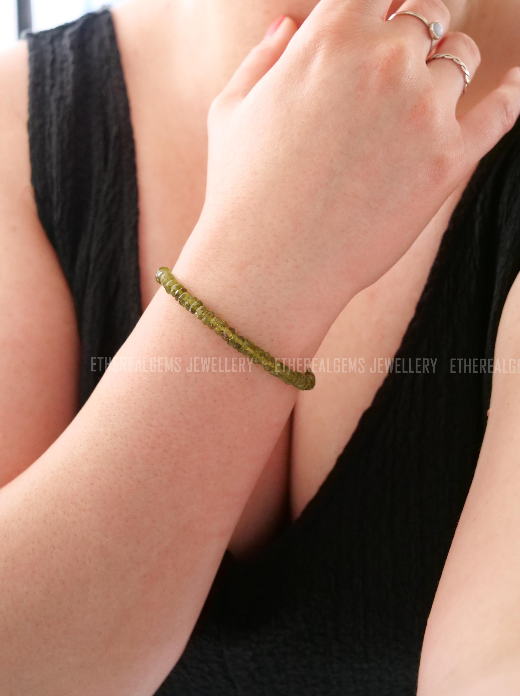 Vesuvianite 5mm Beaded Natural Gemstone Sterling Silver / 14ct Gold Filled Elastic Bracelet, Genuine Top Grade Gift Jewellery, Women Jewelry