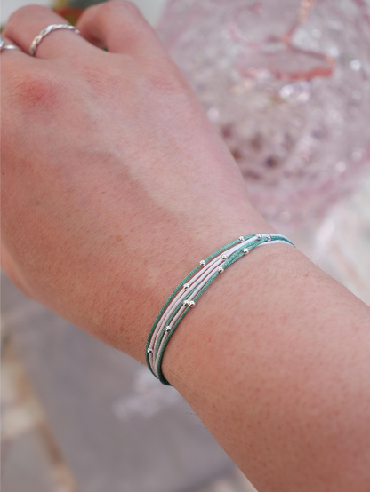 Multistrand cord bracelet, White green bracelet, Wristband, Sterling silver bracelet, Thread Strand Stacking Wristband, Beach bracelet