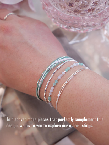 Multistrand cord bracelet, White green bracelet, Wristband, Sterling silver bracelet, Thread Strand Stacking Wristband, Beach bracelet