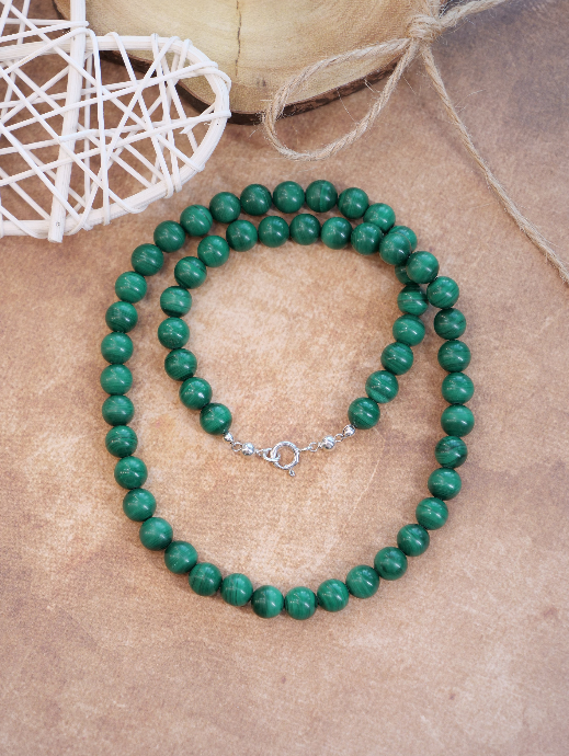Malachite 8mm Beaded Natural Gemstone Sterling Silver Necklace, Genuine Top Grade Gift Jewelry, Women Men Fashion Crystal Energy Jewellery