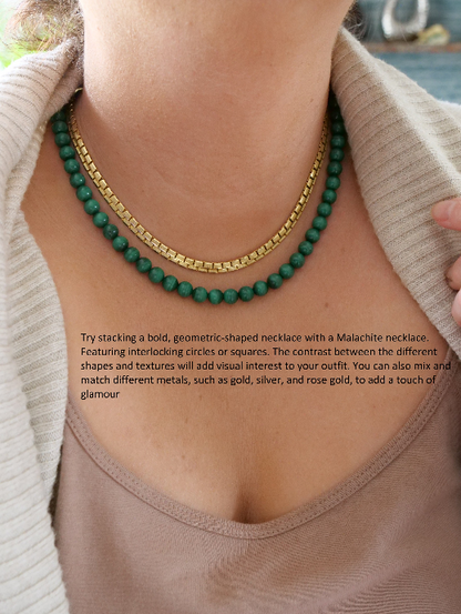 Malachite 8mm Beaded Natural Gemstone Sterling Silver Necklace, Genuine Top Grade Gift Jewelry, Women Men Fashion Crystal Energy Jewellery