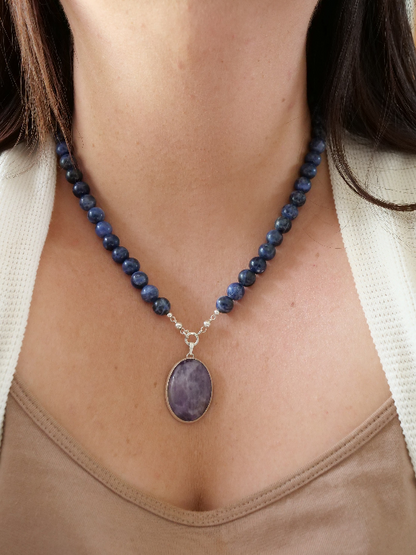 Sodalite 8mm Beaded Natural Gemstone Sterling Silver Necklace, Genuine Top Grade Gift Jewelry, Women Men Fashion Crystal Energy Jewellery