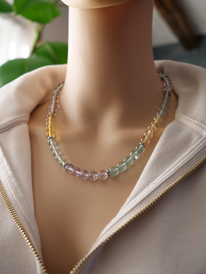 Multicolour Fluorite 8mm Beaded Natural Gemstone Sterling Silver Necklace, Genuine Top Grade Gift Jewelry, Women Men Fashion Jewellery