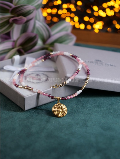 Garnet Tourmaline Rhodochrosite Moonstone Necklace, Beaded gemstone necklace, Mix gemstone necklace, Pink Ombre necklace, Love gemstone