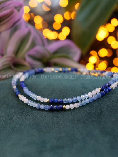 Lapis Lazuli  Kyanite Aquamarine Moonstone Necklace, Beaded gemstone necklace, Mix gemstone necklace, Blue Ombre necklace, March Birthstone