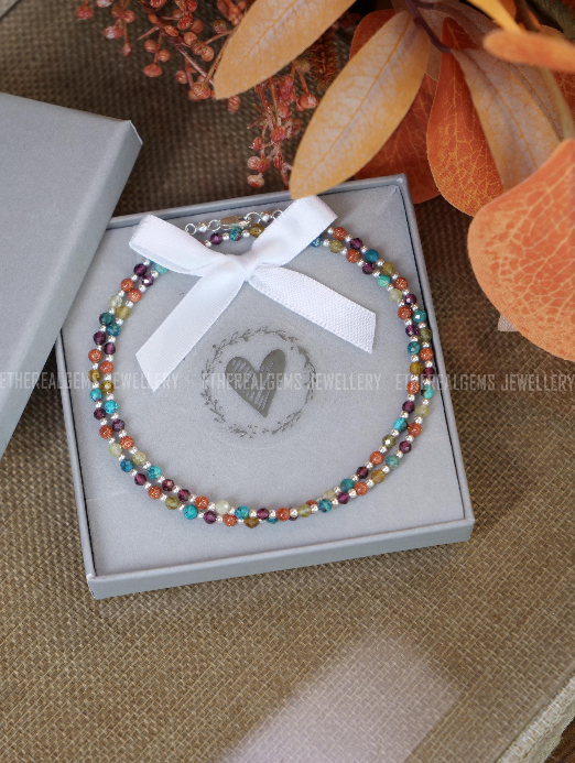 Vintage vibe necklace, 3mm Tiny Gemstone Necklace, Summer vintage necklace, Silver beaded Chrysocolla Garnet Goldstone Gemstone Necklace