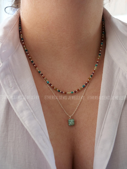 Vintage vibe necklace, 3mm Tiny Gemstone Necklace, Summer vintage necklace, Silver beaded Chrysocolla Garnet Goldstone Gemstone Necklace