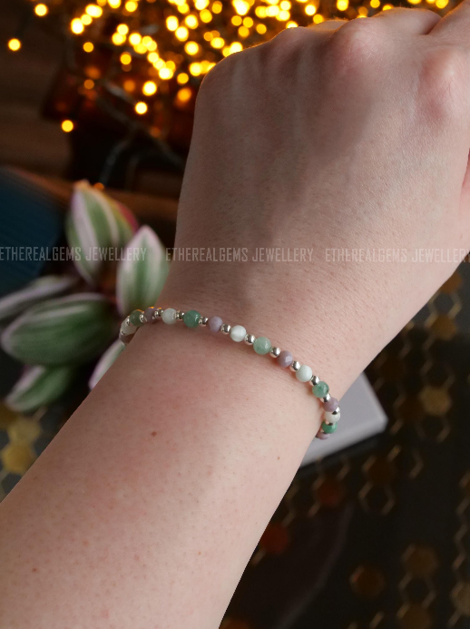Emerald & Angelite Silver Elastic Gemstone Mix Heart Abstract Charm Bracelet, Genuine Top Grade Gift Jewelry, Women Fashion Jewellery