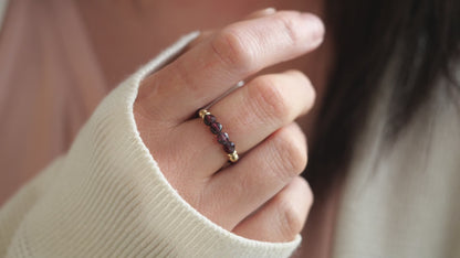 Almandine Garnet 3mm Beaded Natural Gemstone Sterling Silver/14ct Gold Filled Elastic Ring, Genuine Top Grade Gift Jewelry, Women Fashion Jewellery