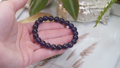 Purple Amethyst 8mm Beaded Natural Gemstone Elastic Bracelet, Genuine Top Grade Gift Jewelry, Men Women Fashion Crystal Energy Jewellery