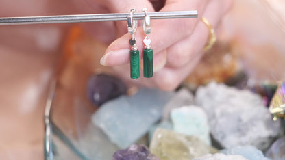 Malachite Huggie Dangle Natural Gemstone Sterling Silver Earrings, Genuine Top Grade Gift Jewelry, Women Fashion Jewellery