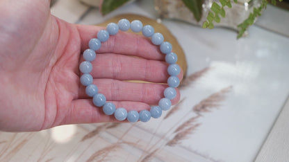 Blue Angelite 8mm Beaded Natural Gemstone Elastic Bracelet, Genuine Top Grade Gift Jewelry, Men Women Fashion Crystal Energy Jewellery