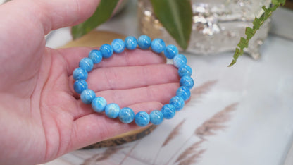 Blue Apatite 8mm Beaded Natural Gemstone Elastic Bracelet, Genuine Top Grade Gift Jewelry, Men Women Fashion Crystal Energy Jewellery