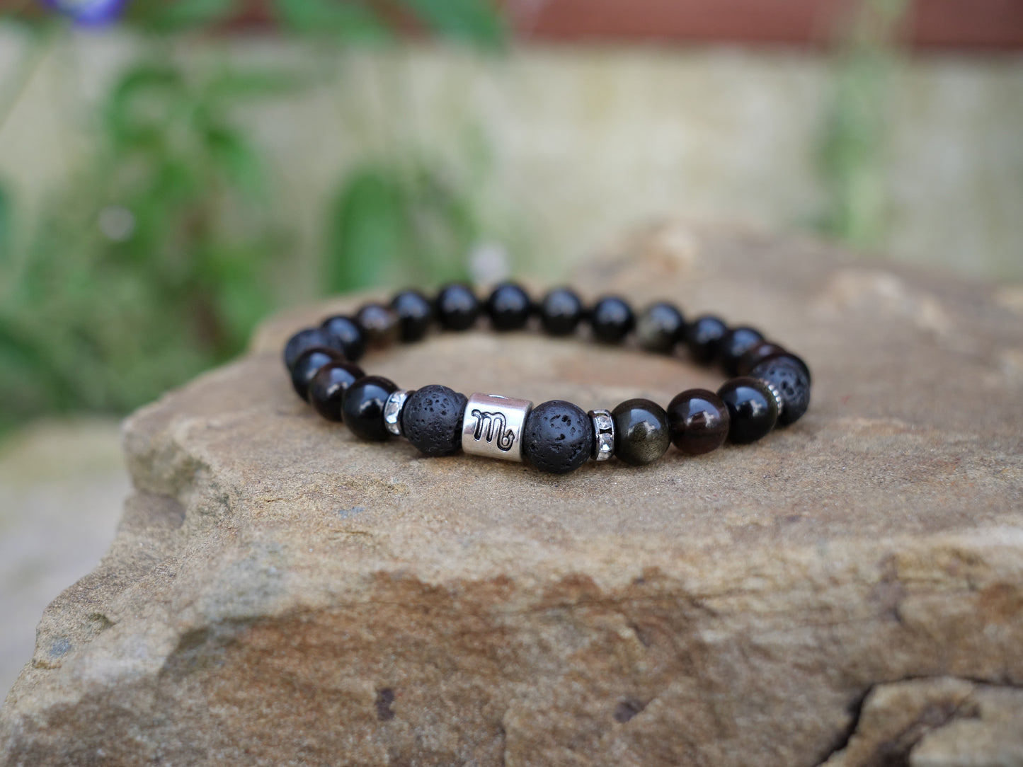 Scorpio Zodiac - Smoky Quartz & Lava Rock & Golden Sheen Obsidian Natural Gemstone Elastic Bracelet