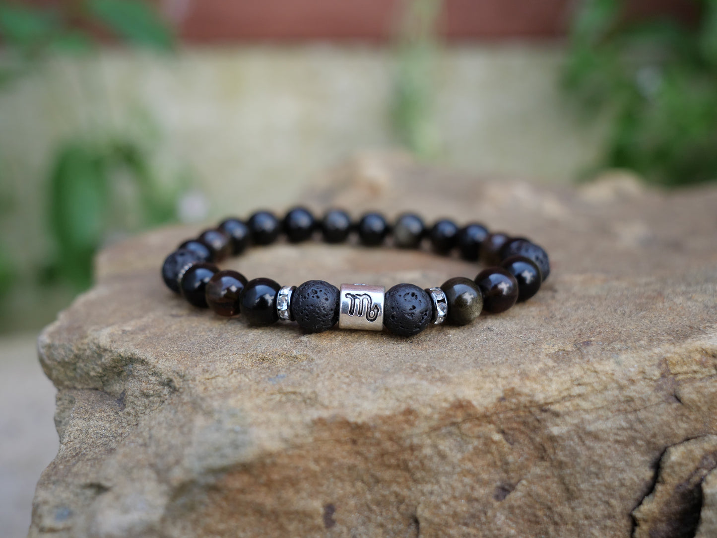 Scorpio Zodiac - Smoky Quartz & Lava Rock & Golden Sheen Obsidian Natural Gemstone Elastic Bracelet