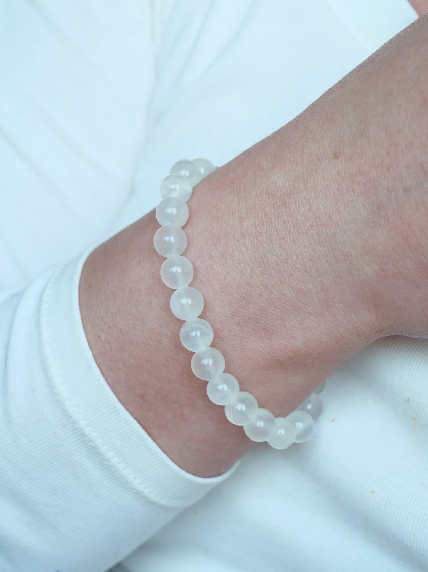 Selenite 8mm Beaded Natural Gemstone Elastic Bracelet, Genuine Top Grade Gift Jewelry, Men Women Fashion Crystal Energy Jewellery