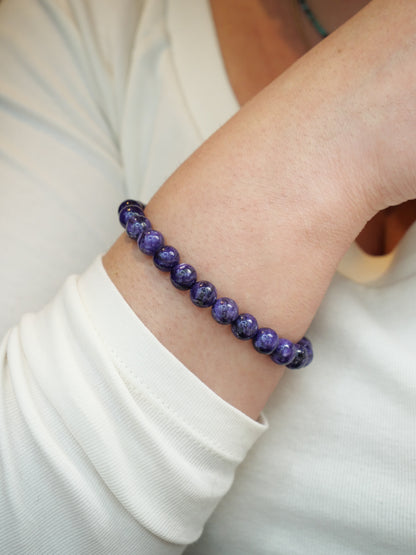 Charoite 8mm Beaded Natural Gemstone Elastic Bracelet, Genuine Top Grade Gift Jewelry, Men Women Fashion Crystal Energy Jewellery