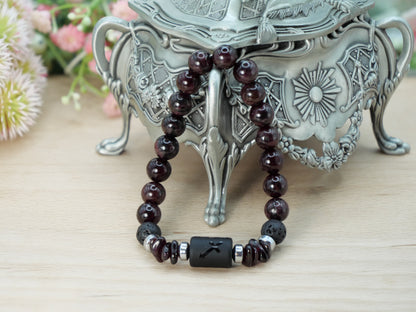 Personalised Zodiac Garnet & Black Onyx & Lava Rock Natural Gemstone Elastic Bracelet