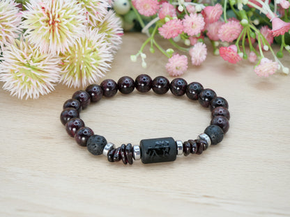 Personalised Zodiac Garnet & Black Onyx & Lava Rock Natural Gemstone Elastic Bracelet