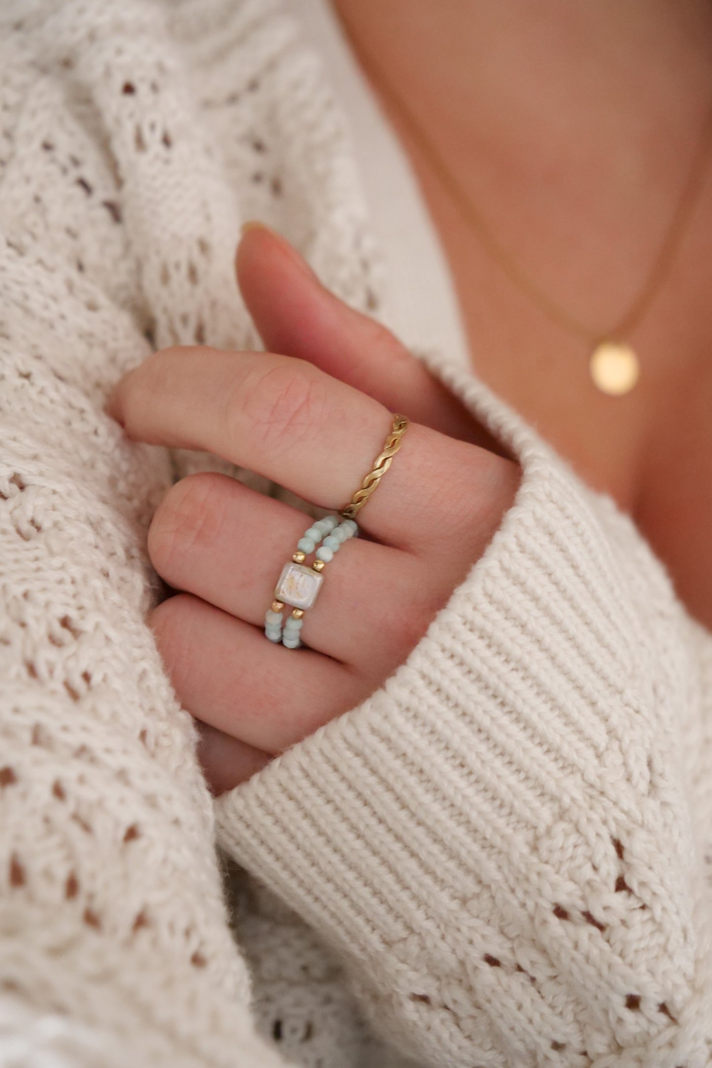 Larimar 2mm Double Beaded Natural Gemstone Sterling Silver/14ct Gold Filled Elastic Ring, Genuine Top Grade Gift Jewelry, Women Fashion Jewellery