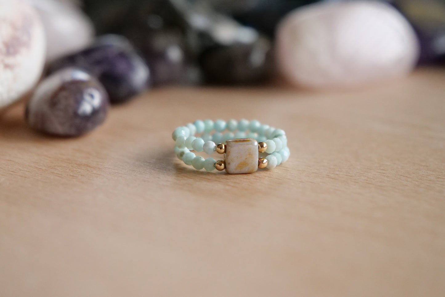 Larimar 2mm Double Beaded Natural Gemstone Sterling Silver/14ct Gold Filled Elastic Ring, Genuine Top Grade Gift Jewelry, Women Fashion Jewellery