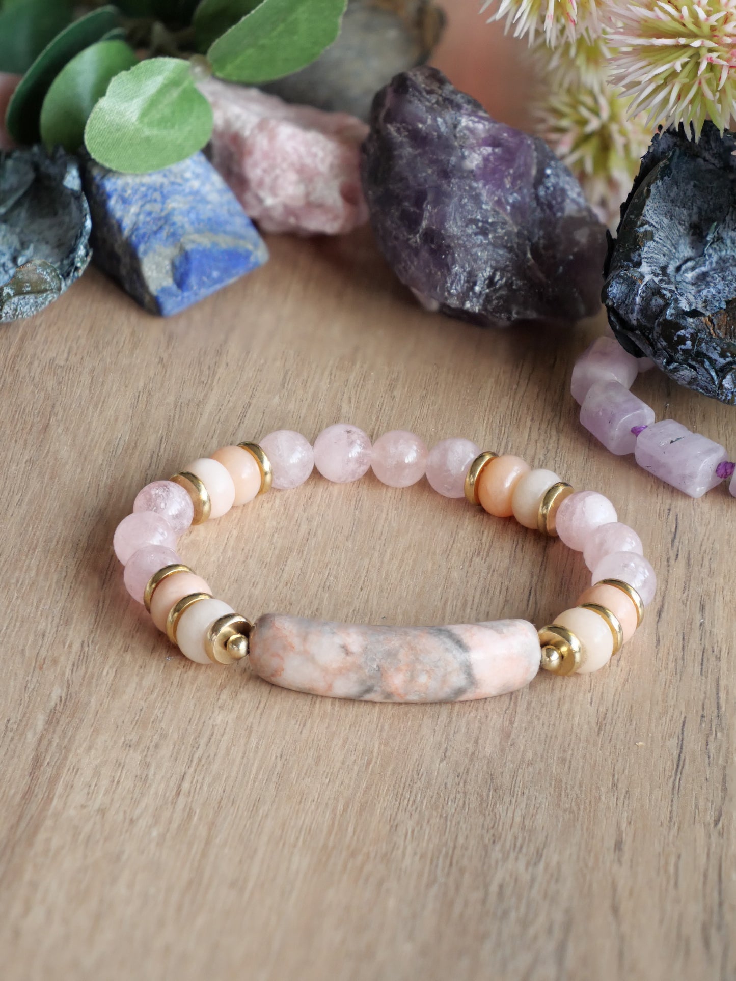 Morganite & Pink Zebra Jasper & Pink Aventurine Gemstone Elastic Bracelet