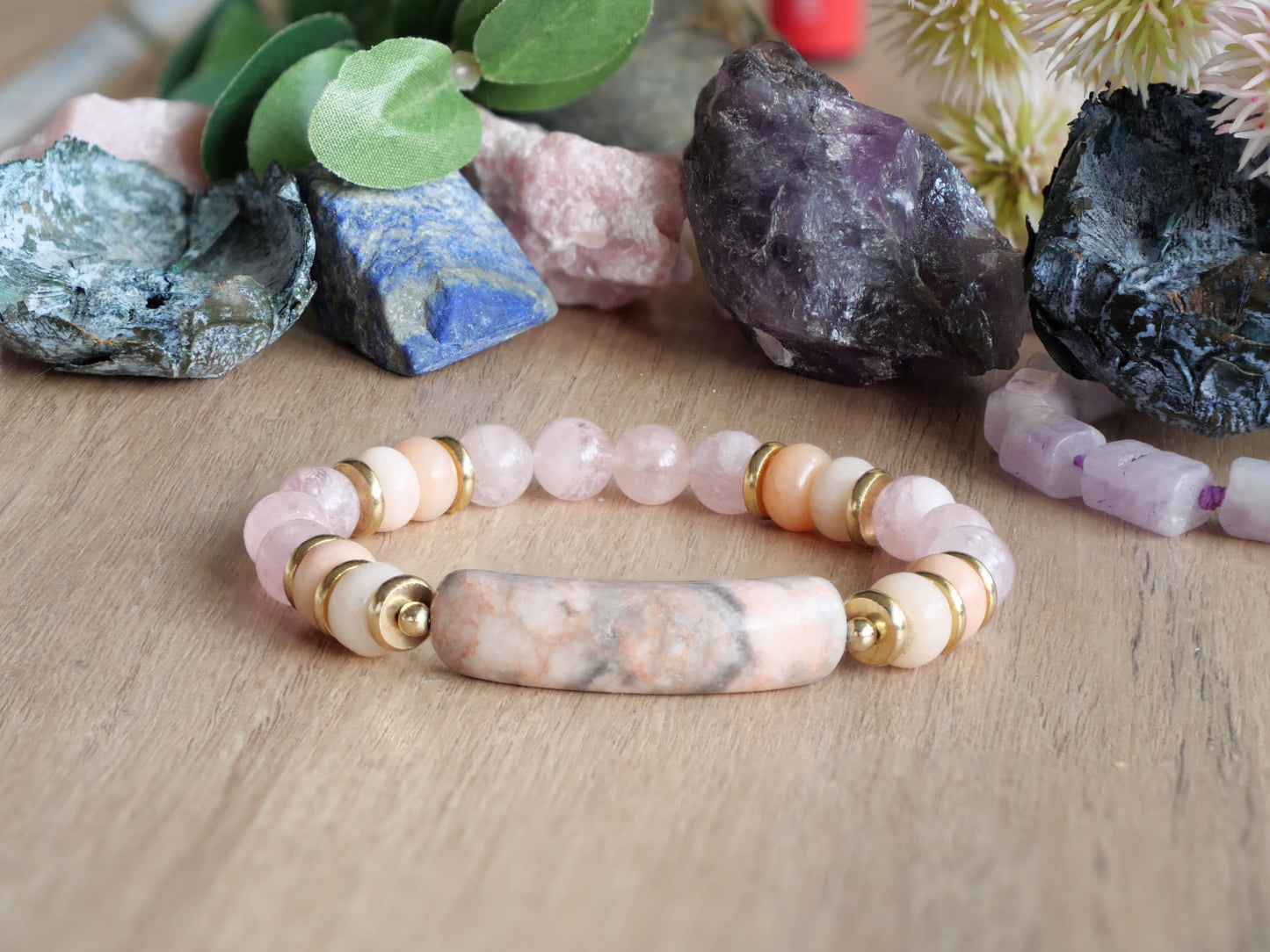 Morganite & Pink Zebra Jasper & Pink Aventurine Gemstone Elastic Bracelet