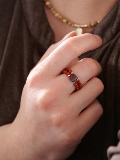 Red Jasper 3mm Double Beaded Natural Gemstone Sterling Silver/14ct Gold Filled Elastic Ring, Genuine Top Grade Gift Jewelry, Women Fashion Jewellery